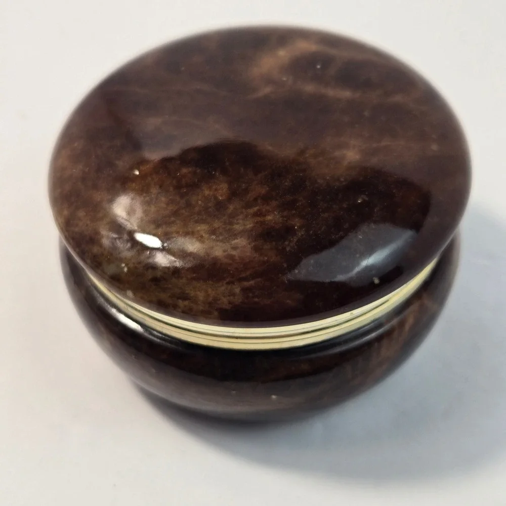 Genuine Alabaster Trinket Box Hand Carved Italy Brown Marbled Stone Jewelry Box